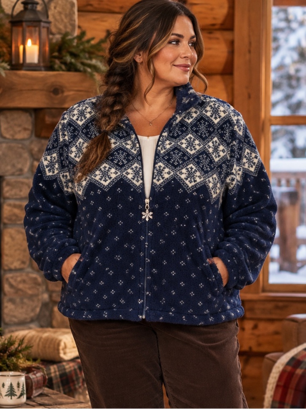 Talbots Woman 2X Navy Ivory Fair Isle Fleece Jacket Snowflake Zip Front